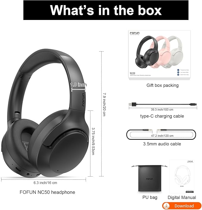 Active Noise Cancelling Headphones, 65H Bluetooth Headphones, Custom EQ via App Headphones Wireless with Mic, Bluetooth 6.0 Foldable Lightweight Headsets for Commuting Travel Work Home (Black)