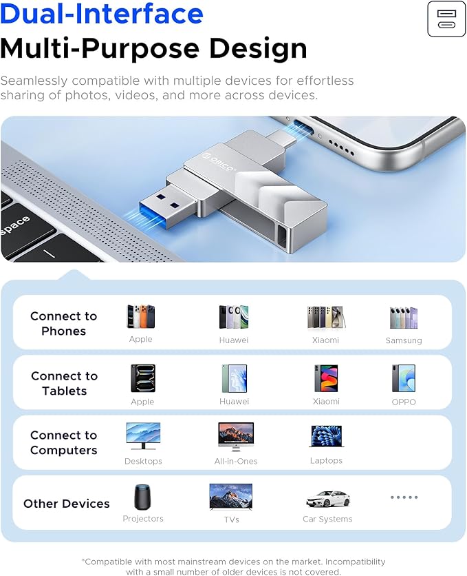 ORICO 128GB USB C Flash Drive, USB 3.2 Gen 1 Dual Drive 150MB/s, Zinc Alloy Thumb Drive with USB-A & USB-C for iPhone 16/15/17 Series, MacBook, Android Phone, iPad, PC, Laptop, Travel & Data Storage