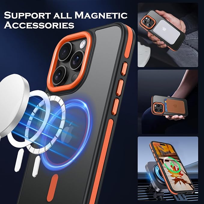 YINLAI Case for iPhone 16 Pro 6.3-Inch, iPhone 16 Pro Phone Case Magnetic [Compatible with Magsafe] Slim Translucent Matte Men Women Girls Shockproof Protective Back Cover, Black/Orange
