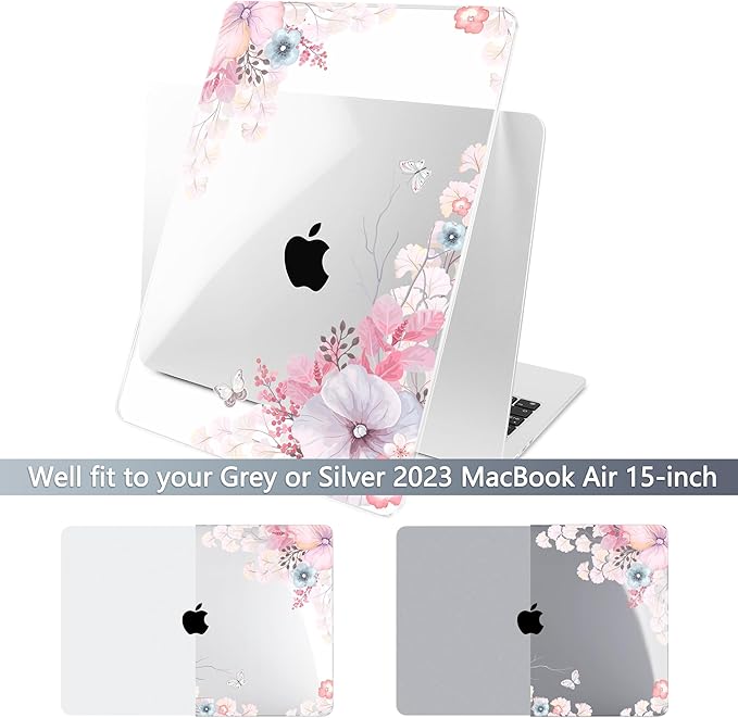 Batianda Premium Case for New MacBook Air 15 inch with M5 M4 M3 M2 Chip 2026 2025 2024 2023 Release, Designed Ultra-Slim Hardshell & Keyboard Cover & Screen Protector 4-in-1 Bundle, Lovely Flower