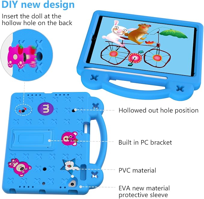 Dteck Kids Case for iPad 9.7 Inch 6th/5th Gen 2018/2017 & iPad Air 2/1 & iPad Pro 9.7,Strawberry Panda Shockproof Rugged Lightweight Pencil Holder Convertible Handles Stand Kid Friendly Case,Sky Blue