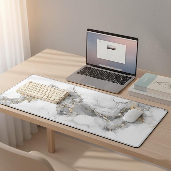 Large Gaming Mouse Pad (31.5x11.8in) - White & Gold Abstract Marble Design, Grey Liquid Ink Art - Extended Desk Mat, Elegant Modern Office Decor, Non-Slip Rubber Base