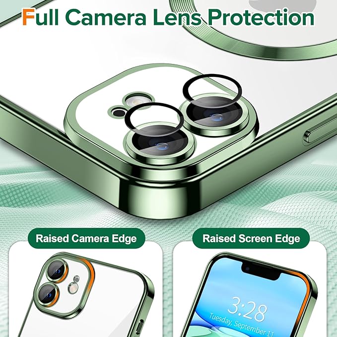 Hython Magnetic Clear for iPhone 11 Case with Camera Lens Protector [Compatible with MagSafe] Luxury Plating Edge Slim Soft TPU Cover Protective Phone Case for iPhone 11 6.1", Deep Green
