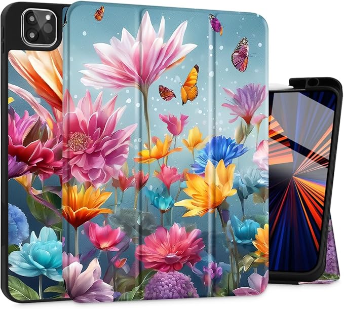 Tuiklo for iPad Pro 12.9 inch 6th / 5th / 4th / 3rd Generation 2022 2021 2020 2018 Release Case- Built in Pencil Holder Slim Protective Cover with Auto Wake/Sleep, Multicolored Floral