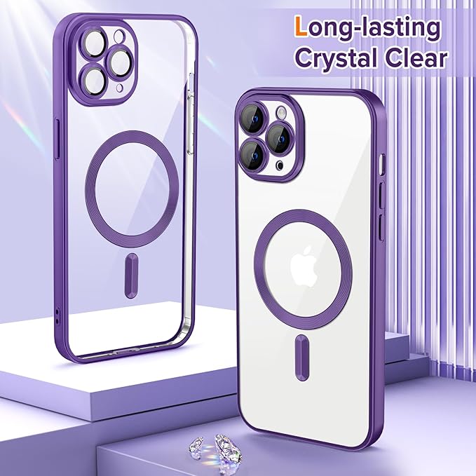 Hython Magnetic Clear for iPhone 11 Pro Max Case with Camera Lens Protector [Compatible with MagSafe] Plating Edge Slim Soft TPU Cover Protective Phone Case for iPhone 11 Pro Max 6.5", Matte Purple