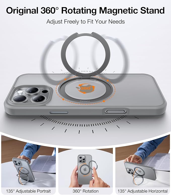 TORRAS 360 Rotatable Magnetic Ring Only for iPhone 16 Pro Max Case, Fit for MagSafe with Stand Ring Holder, 16FT Mil-Grade Shockproof Translucent for iPhone 16 Pro Max PC&TPU Case Ostand, Grey