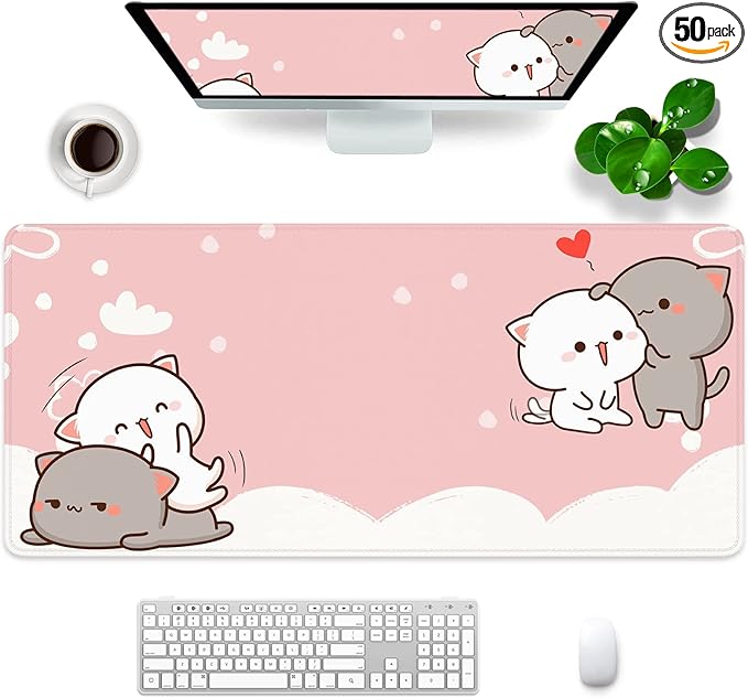 Pink Large Gaming Mouse Pad Cat Desk Mat Cute Mouse Mat 35x15.7x0.12 inch Women Extra Large Desk Pad (Pink -4)