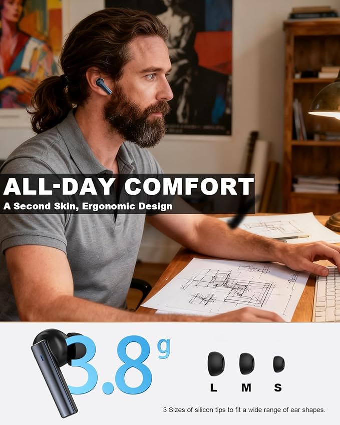 Wireless Earbuds,6.0 Bluetooth Headphones with 4 Mics Noise Cancelling,35H Playtime for Sports Work,AI Clear Calls,Zinc Alloy Fast Charging Case,Comfort Fit,Waterproof Ear Buds for iPhone Android iPad