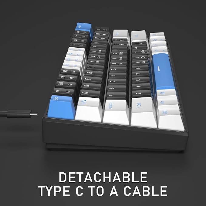 Camiysn 60% Mechanical Gaming Keyboard,White Black Blue Keycaps Gaming Keyboard with Linear Red Switch, Detachable Type-C Cable Mini Keyboard with Blue LED Light for Windows/Mac/PC/Laptop