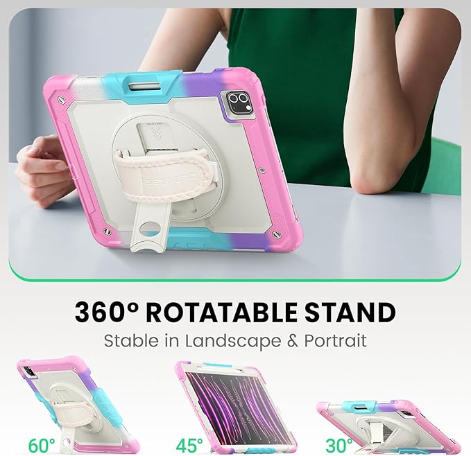 SEYMAC Case for iPad Pro 12.9 2022/2021/ 2020/2018, Heavy Duty Protection Shockproof Case with Screen Protector, 360° Rotating Stand/Handle/Shoulder Strap, Supports Pencil 2 Charging, Colorful Pink