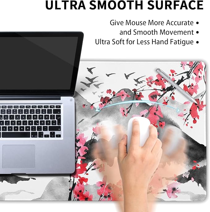 Japanese Cherry Blossom Mouse Pad 35.4 X 15.7 Inch XXL Full Desk Pink Watercolor Art Cool Design Gaming Mousepad Extended Large Non-Slip Rubber Base Keyboard Mat with Stitched Edges