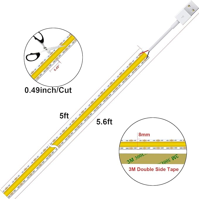 dephen 5V USB LED Light Strip 4.9ft, 480LEDs Warm White Dotless COB String, Flexible and Cuttable Rope Lighting, CRI 90, Self Adhesive Tape for TV Backlight, Cabinet, Bedroom, Mirror, DIY