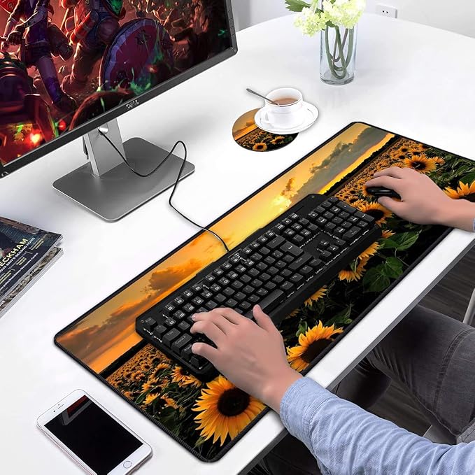 Desk Pad Mat Gaming Mouse Pads with Coasters Set, Stitched Edges Design Mouse Pad XXL Large Mouse Pad for Laptop Computers Sunflower Field Desk Writing Mat for Office & Home 31.5x 11.8