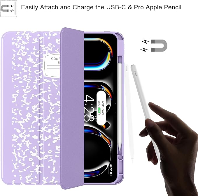 Soke Case for New iPad Pro 13 Inch (M5/M4, 2025/2024 Release), with Pencil Holder Trifold Stand Shockproof [Support Apple Pencil Charging + Auto Wake/Sleep], Soft TPU Back Cover, Book Lilac