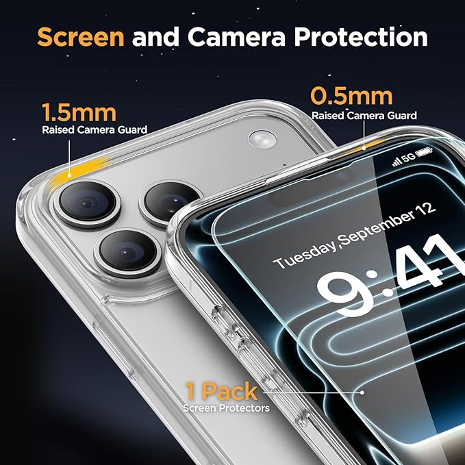 Miracase Magnetic for iPhone 17 Pro Case 6.3" with Screen Protector, [Compatible with MagSafe] Military-Grade Protection, Anti-Fingerprint, Slim Thin Phone Case for 17 Pro Cover, Clear