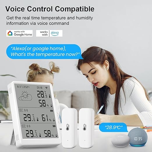 WiFi Thermometer Hygrometer Indoor: Digital Smart Temperature Humidity Monitor with App Notification Alert, Data Storage Export, 100m Range, Compatible with Alexa (1Base Station+3Sensors)