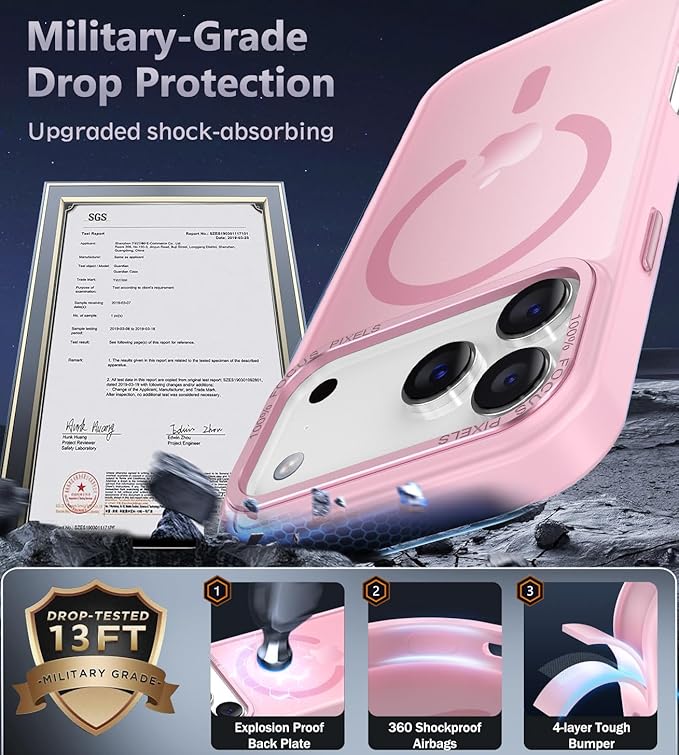 Newfuture Strong Magnetic Compatible with iPhone 17 Pro Max Case [13 FT Military Drop Protection] [Compatible with Magsafe] Translucent Matte Shockproof with Anti-Fingerprint Phone Case, Chalk Pink
