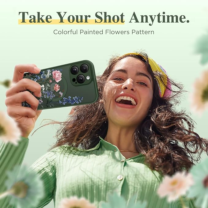 GVIEWIN for iPhone 16 Pro Max Case Compatible with MagSafe, [Military Grade Protection] [Screen Protector] Full Camera Protection Floral Translucent Women Magnetic Phone Case, Lush Garden/Forest Green