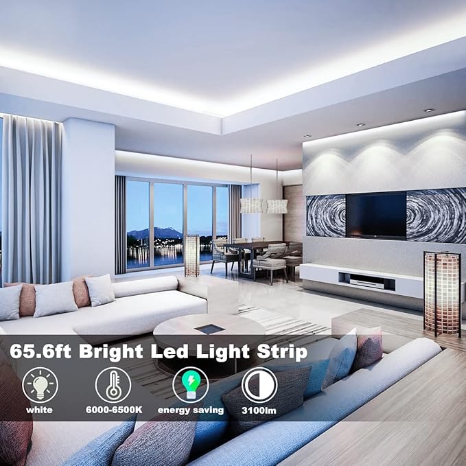 MY BEAUTY LIGHT LED Strip Lights White,65.6ft Dimmable LED Light Strip with RF Remote,1200 Bright 6500K 2835 LEDs,Plug-in Adhesive Rope Lights with Timing Mode for Living Room Bedroom Kitchen