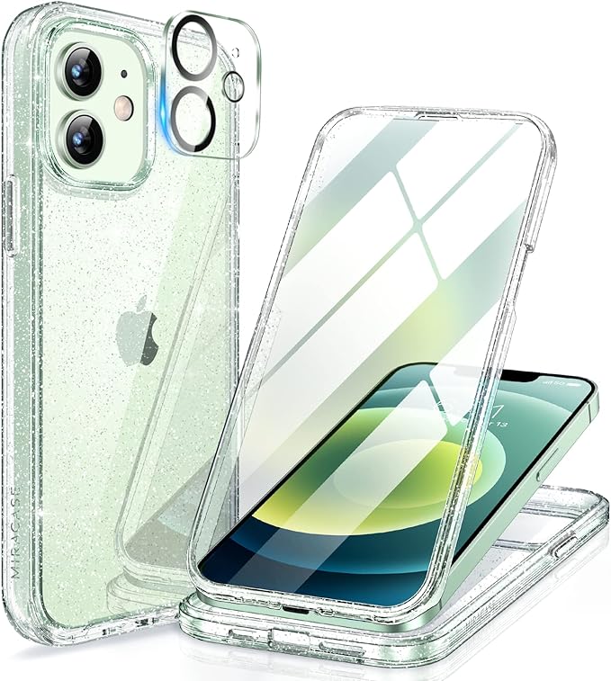 Miracase Glass Series for iPhone 12/12 Pro Case 6.1 inch, Upgraded Full-Body Rugged Phone Bumper Case Cover with Built-in 9H Tempered Glass Screen Protector and Camera Protector, Clear Glitter