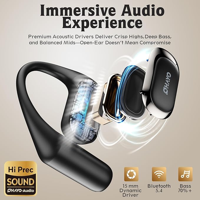 OHAYO Open Ear Headphones,Over Ear Earbuds with Ergonomic Earhook,Bluetooth Headphones 5.4 with Smart Digital Display,40H Playtime,IPX6 Waterproof,Touch Control Operate Fit Cycling,Running,Workout
