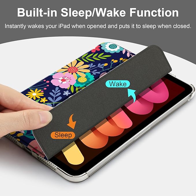DONGKE for iPad Mini 7 (A17 Pro) 2024 & iPad Mini 6 2021 8.3 Inch, Slim Foldable Stand Hard PC Translucent Back Shell Smart Cover for iPad Mini 7th/6th Generation [Auto Wake/Sleep] - Beautiful Flowers
