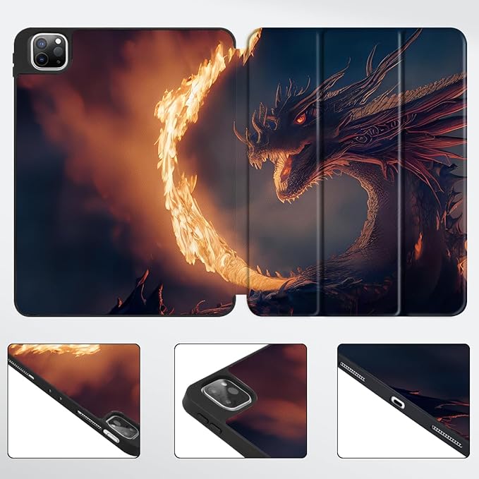 Tuiklo for iPad Pro 12.9 inch 6th / 5th / 4th / 3rd Generation 2022 2021 2020 2018 Release Case- Built in Pencil Holder Slim Protective Cover with Auto Wake/Sleep, Fire Dragon