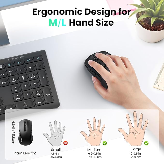 TECKNET Rechargeable Bluetooth Mouse, [ USB + BT5.0 + BT3.0 ] Wireless Mouse, Ergonomic Design, Silent Click, 6-Level 4800 DPI Wireless Mice, 3-Device Switching for Laptop, Computer, MacBook（Black）