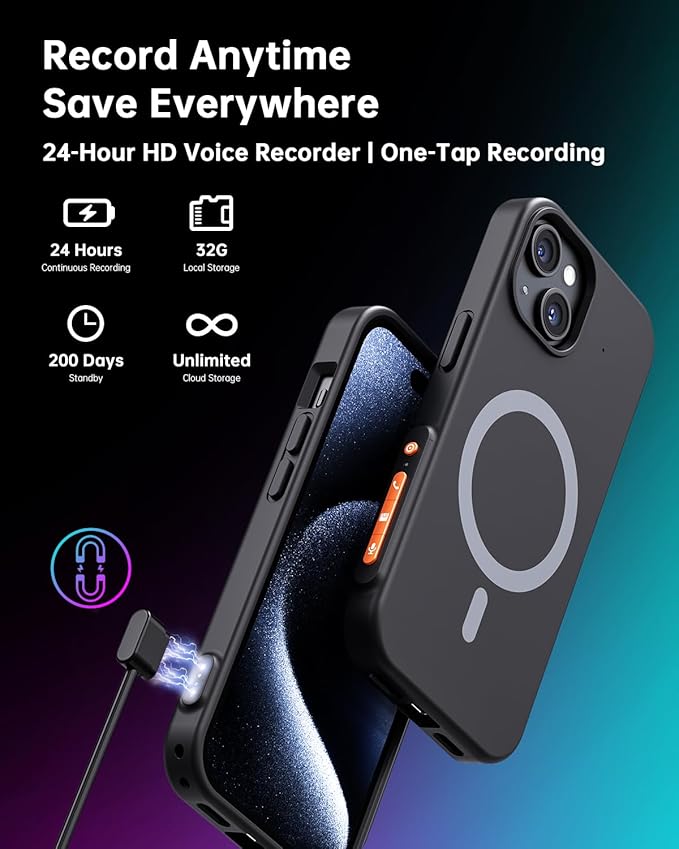 Yorlu AI Voice Recorder, AI Recorder Phone Case with Transcribe＆Summarize, AI Noise Cancellation, 80+ Language Translation with APP, 32GB Magnetic Note Voice Recorder for Calls, Meetings