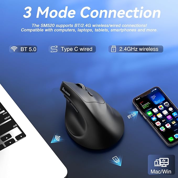 SOLAKAKA SM520 Ergonomic Mouse with 24000 DPI, Vertical Mouse with Programmable Side Button, Wireless Mouse with Tri-Mode Connection - BT5.0/USB-C/2.4GHz, for Desktop, PC, Laptop (Black)