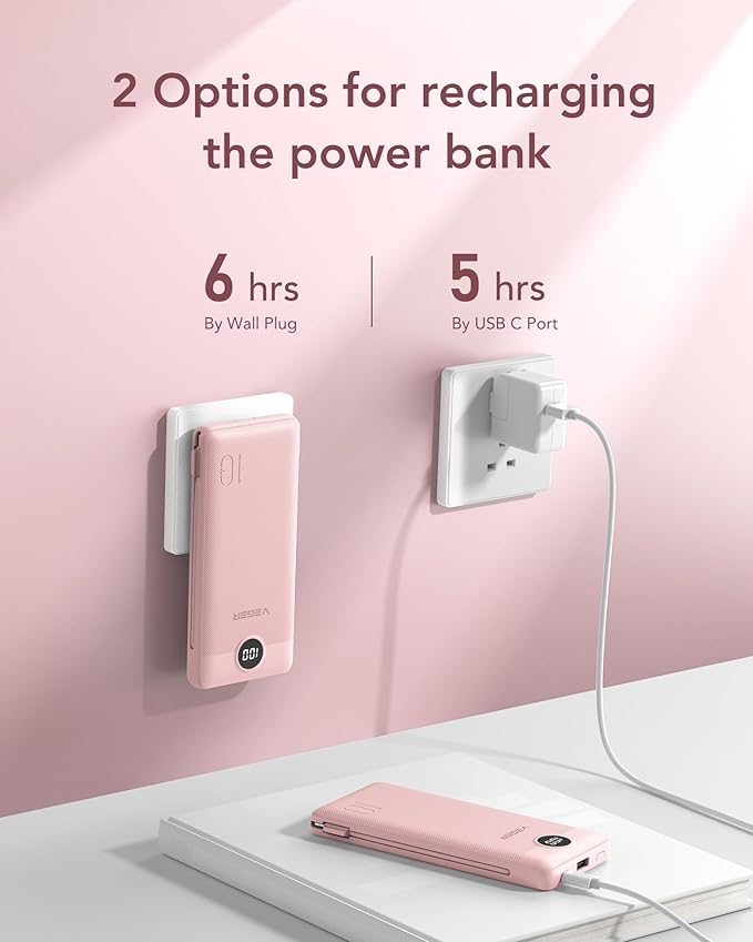 VEGER Portable Charger with Built-in AC Plug and Cables, All in One 10000mAh Ultra Slim Power Bank Travel Essentials, Fast Charging Battery Pack Compatible with iPhone, Samsung, Android (Crepe)