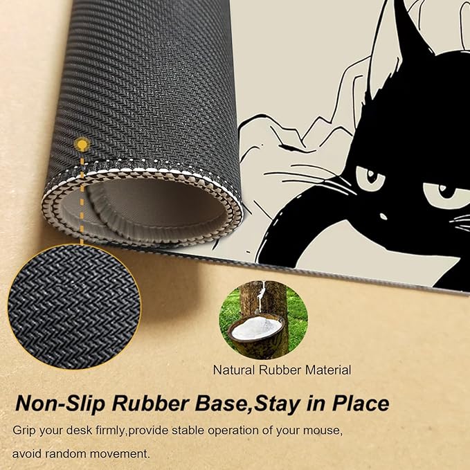 Gaming Mouse Pad XL Extended Anime Mouse Pad 31.5x11.8 inch, Large Cute Kawaii Big Computer Mouse Mat Desk Pad with Non-Slip Rubber Base and Stitched Edge for Home Office-Black Cat