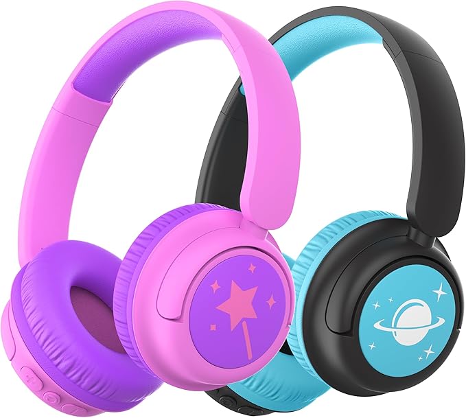 iClever BTH22 Kids Bluetooth Headphones 2 Pack, 60H Play Time, 74/85 dBA Safe Volume, Bluetooth 5.4, USB C, Over Ear Kids Headphones Wireless AUX Cord for iPad/Tablet/Travel/School, Black & Magenta