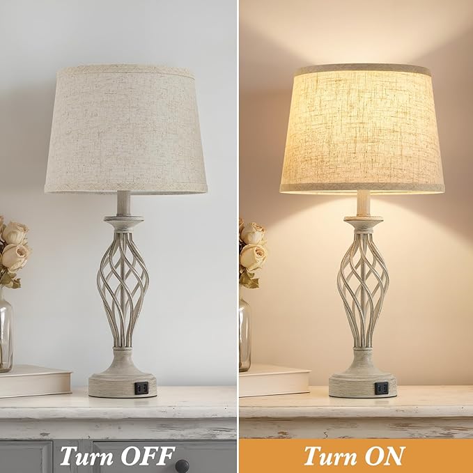 EJIAXIN Table Lamp for Bedroom Set of 2 - Light Grey Bedside Lamps with USB C+A Ports,Rustic Distressed Farmhouse Bedroom Lamp - Lamp for Living Room Reading Bed Side End Table Bulbs Included