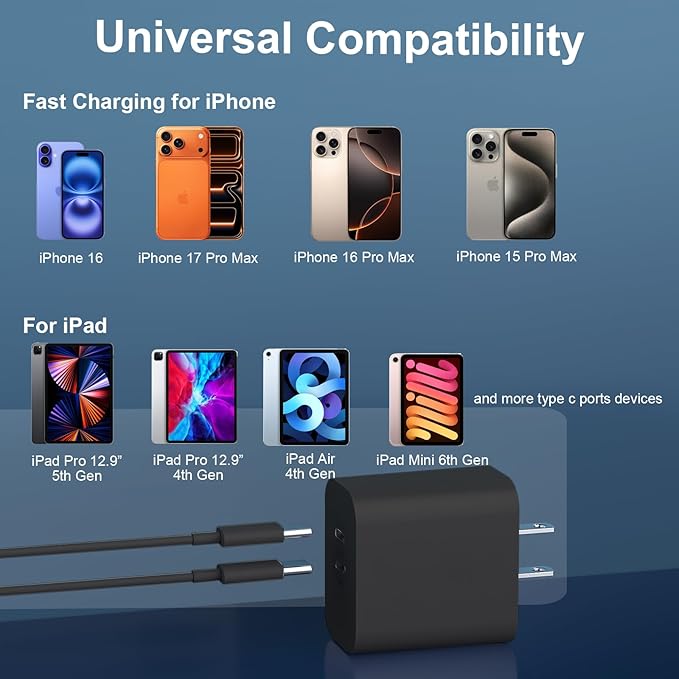 Fast Charger for 15 16 17 Pro Max, 10FT Long USB C to C Charging Cable Cord & 20W Dual Port USB C Fast Charger Block for Phone 17 16 15 Pro Max/17 16 15/15 Plus,Pad Pro 12.9"/11", Android Phone