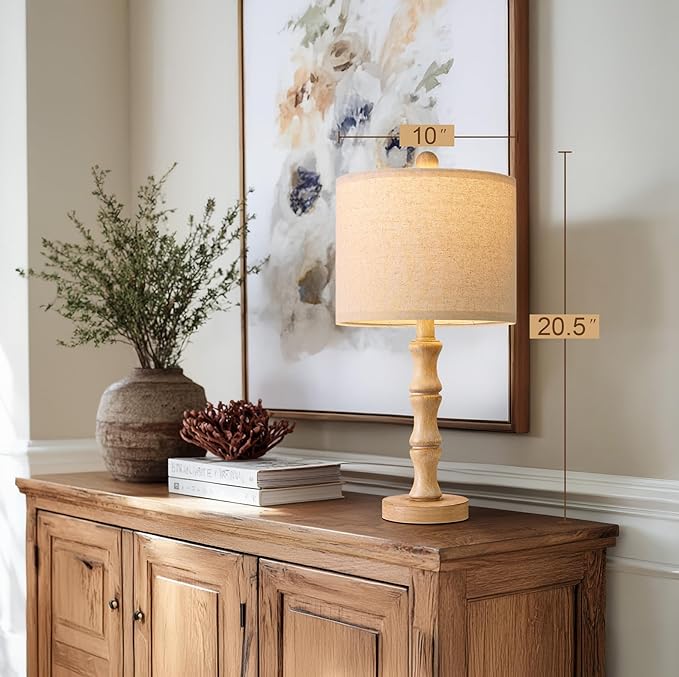 BOBOMOMO 20.5" Farmhouse Table Lamps Set of 2, Rustic Nightstand Lamps with Wood Grain Resin Base & Linen Shade, Small Bedside Lamps for Bedroom, Living Room, Apartment Side Table & Small Spaces