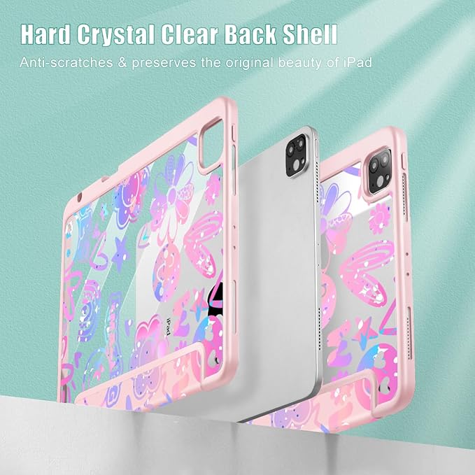 Tuiklol for iPad Pro 12.9 Inch 6th/5th/4th/3rd Generation 2022 2021 2020 2018 Case,Built-in Pencil Holder Clear Transparent Protective Back Shell Cover with Auto Sleep/Wake, Fun Emotions Pink