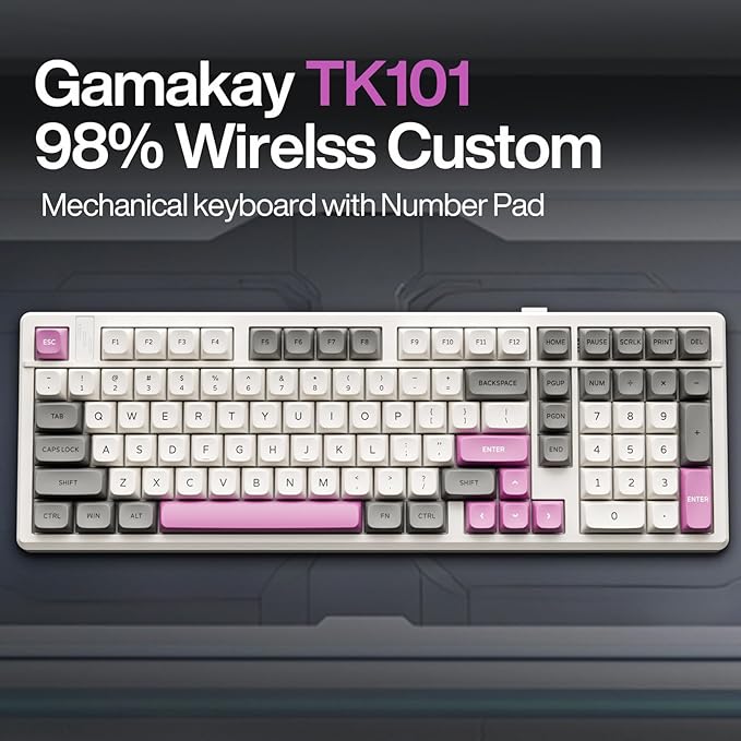 GK GAMAKAY TK101 98% Mechanical Keyboard with Number Pad, Hot Swappable, Pre-lubed Tactile Switches, Tri-Mode Bluetooth/2.4GHz/USB-C 101 Keys RGB Backlit Gaming Keyboard (White&Gray, Pluto Swicth)