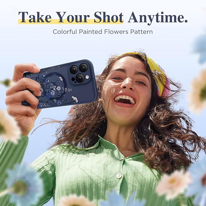 GVIEWIN for iPhone 16 Pro Max Case Compatible with MagSafe, [Military Grade Protection] [Screen Protector] Full Camera Protection Floral Translucent Women Magnetic Phone Case, Floratopia/Blue