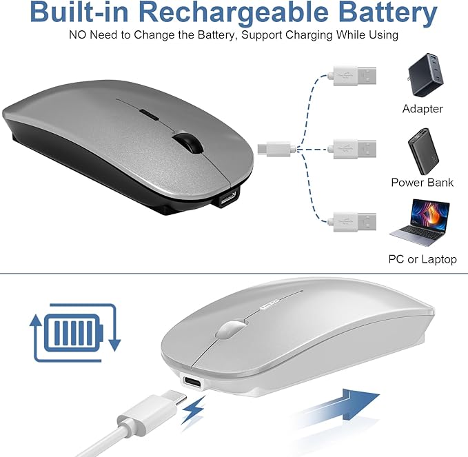 Kovess Wireless Bluetooth Mouse for Mac Air MacBook Pro Laptop PC Pad Optical Rechargeable Silent Mouse with Jiggler Mode Dual Mode Switch Bluetooth 5.2/3.0 and 2.4G USB-A & USB-C Receiver White
