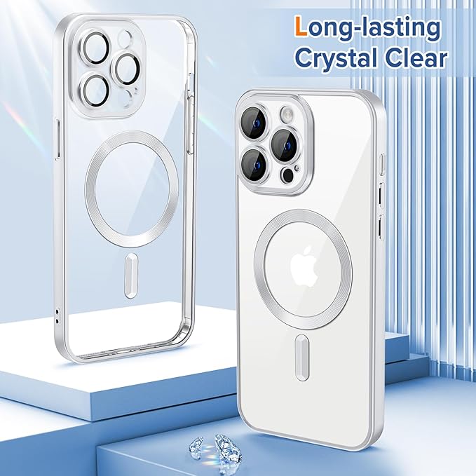 Hython Magnetic Clear for iPhone 13 Pro Case with Camera Lens Protector [Compatible with MagSafe] Luxury Plating Edge Slim Soft TPU Cover Protective Phone Case for iPhone 13 Pro 6.1", Matte Silver