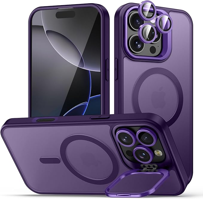 TOBOVON for iPhone 16 Pro Max Case, Compatible with MagSafe, Built-in Camera Ring Stand, with Individual Camera Cover, Translucent Matte Military-Grade Drop Protection Magnetic Case, Purple
