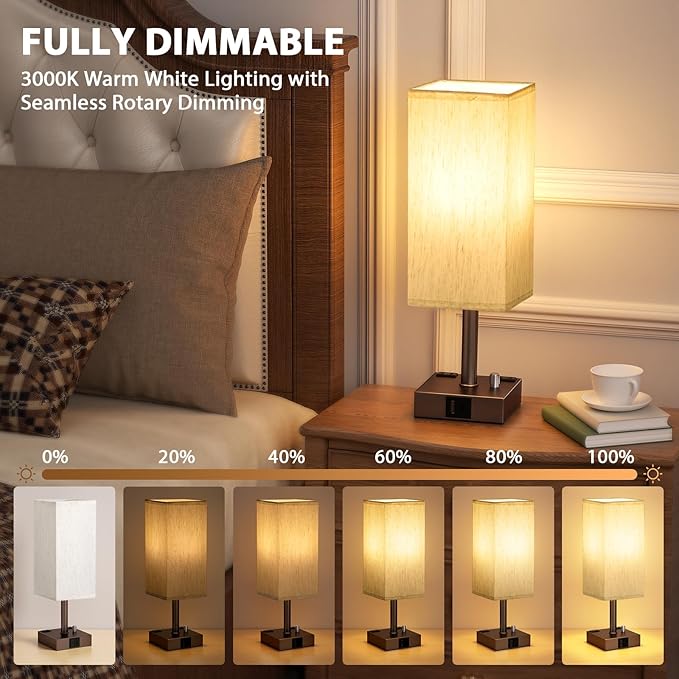 aooshine Brown Fully Dimmable Nightstand Lamps Set of 2 - Table Bedside Lamp with USB C+A Charging Ports & 2 AC Outlets, Square Lamp Sets Linen Fabric Shade for Bedroom (Bulb Included)