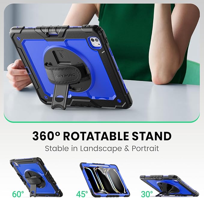 SEYMAC Case for iPad Pro 13 Inch M5 2025 / M4 2024, Heavy Duty Shockproof Protective Case with Screen Protector, 360° Rotating Stand, Hand/Shoulder Strap and Pen Holder, Blue