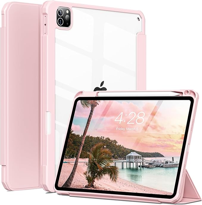 Case for iPad Pro 12.9 Inch (6th/5th/4th/3rd Generation 2022/2021/2020/2018) with Pencil Holder, Clear Transparent Back Shell Slim Stand Shockproof Tablet Cover, Auto Wake/Sleep, Pink