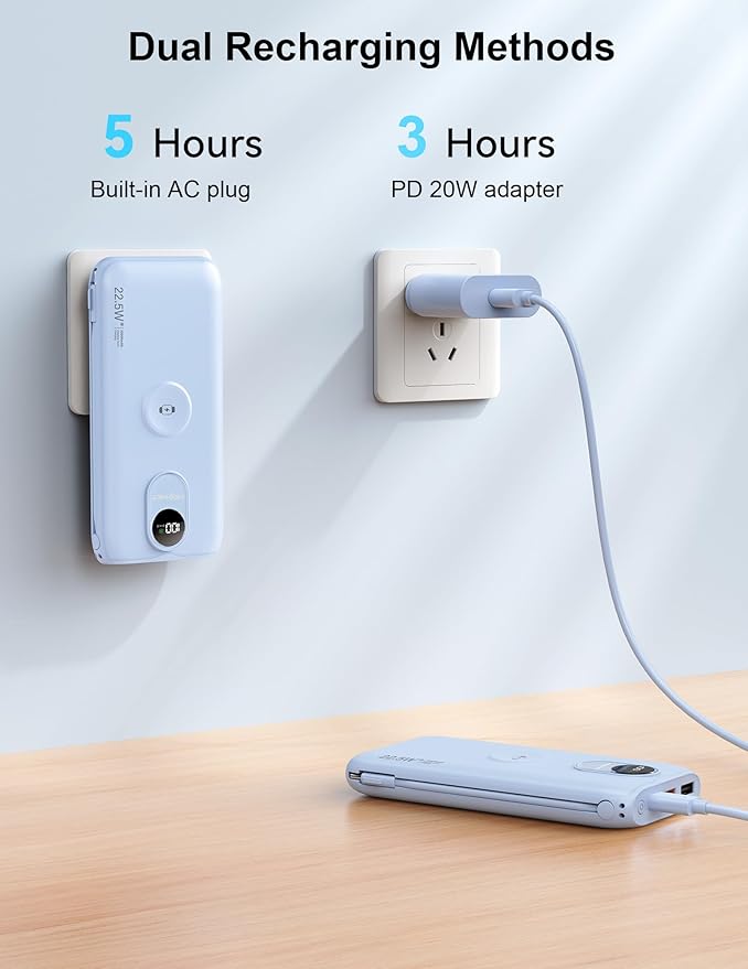 Portable Charger, 10000mAh 22.5W Power Bank Fast Charging with Wall Plug, Built-in Cables, LED Display, Compact Lightweight USB C Travel Battery Pack for iPhone 17/16, Android Cell Phone, Pad, iWatch