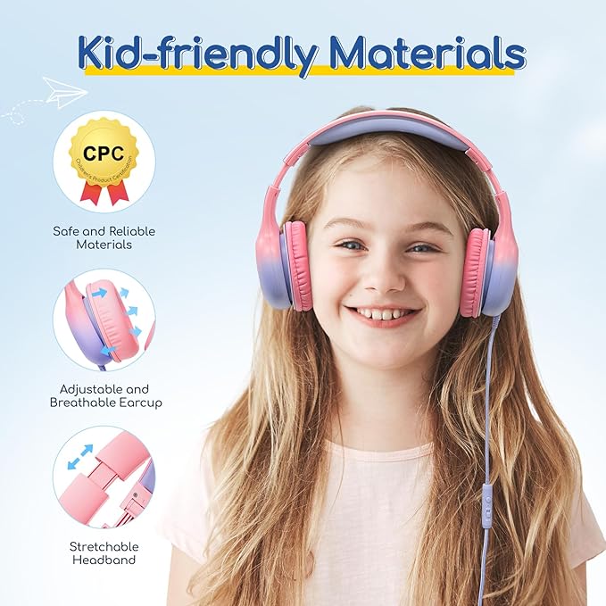 EarFun Kids Headphones Wired with Microphone, USB Type C Headphones for Kids, 85/94dB Volume Limit, Portable Wired Headphone with Shareport, Stereo Sound Foldable Headset for School/Tablet/PC, Pink