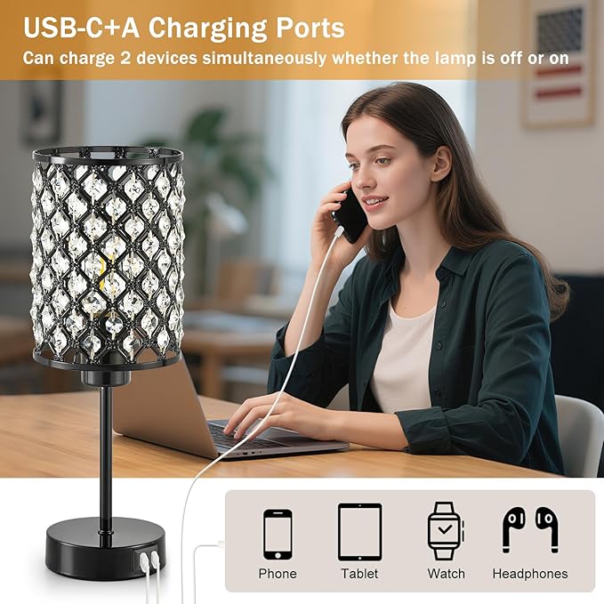 GyroVu Touch Control Table Lamp, Black Crystal Table Lamps Set of 2 with 2 USB Charging Ports, Dimmable Bedside Nightstand Lamps for Living Room, Bedroom, Guest Room, Bulbs Included