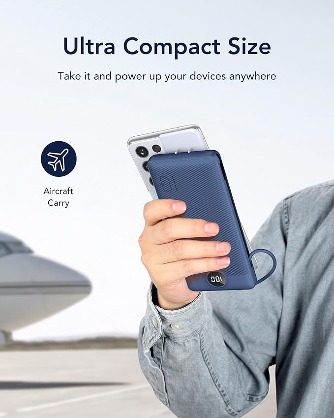 VEGER Portable Charger with Built-in AC Plug and Cables, All in One 10000mAh Ultra Slim Power Bank Travel Essentials, Fast Charging Battery Pack Compatible with iPhone, Samsung, Android (Navy)