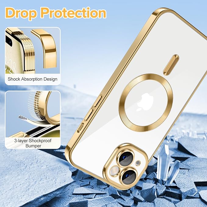 Hython Magnetic Clear for iPhone 15 Plus Case with Camera Lens Protector [Compatible with MagSafe] Luxury Plating Edge Slim Soft TPU Cover Protective Phone Case for iPhone 15 Plus 6.7", Gold